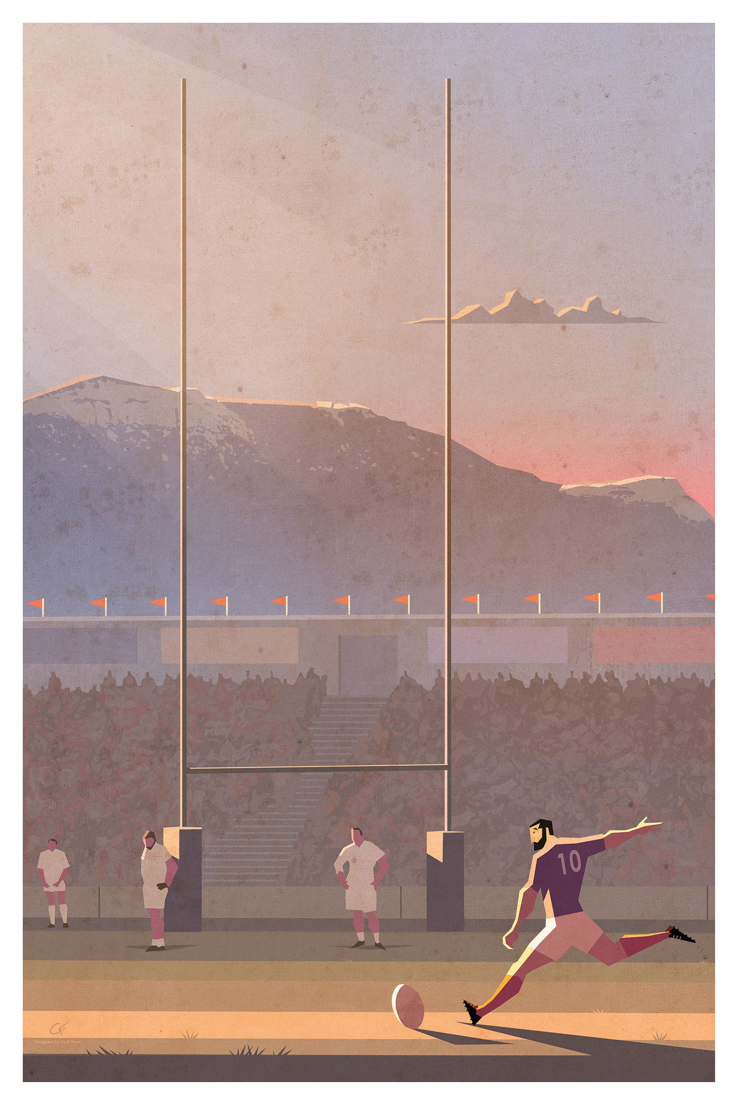 Détail graphique d'une illustration de rugby avec montagnes en arrière-plan et couleurs chaudes.