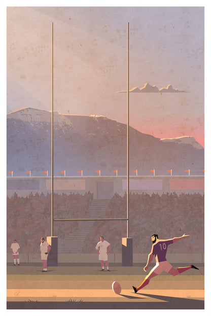 Détail graphique d'une illustration de rugby avec montagnes en arrière-plan et couleurs chaudes.