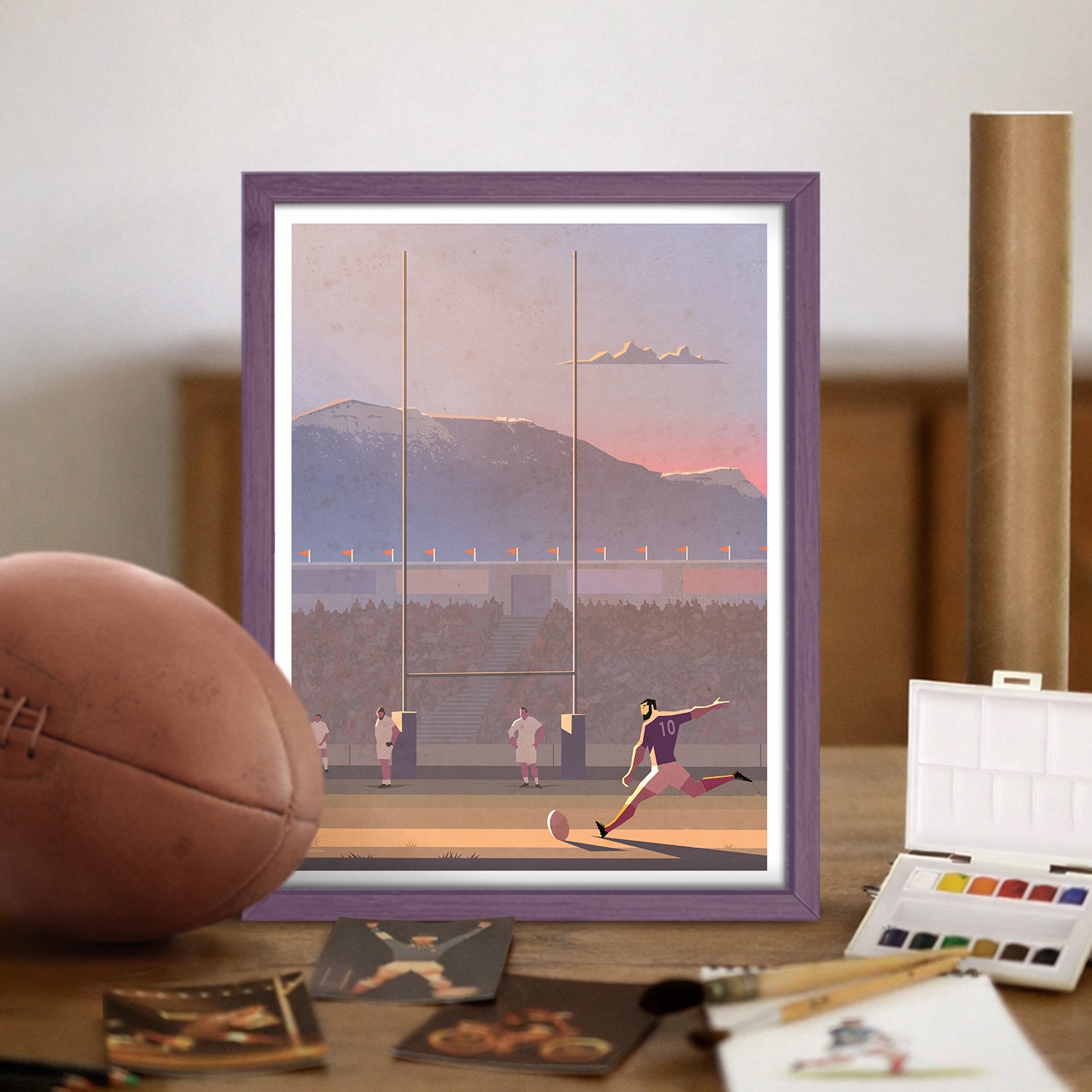 Mise en scène d'une affiche rugby vintage, cadeau original pour amateur de sport et de décoration.